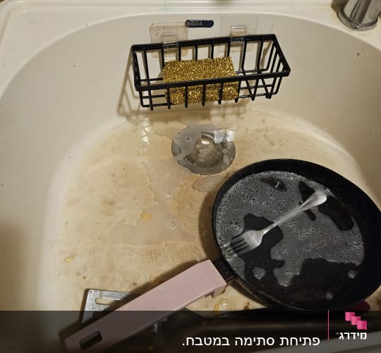 כיור עם כלים מלוכלכים וסבון כלים